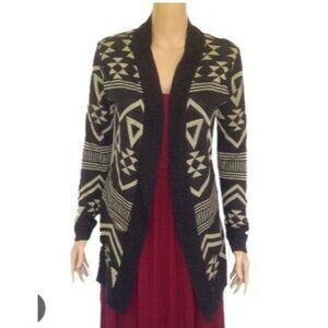 Cardigan Tribal Print Open Front Black & Beige Geometric Design Womens Size L